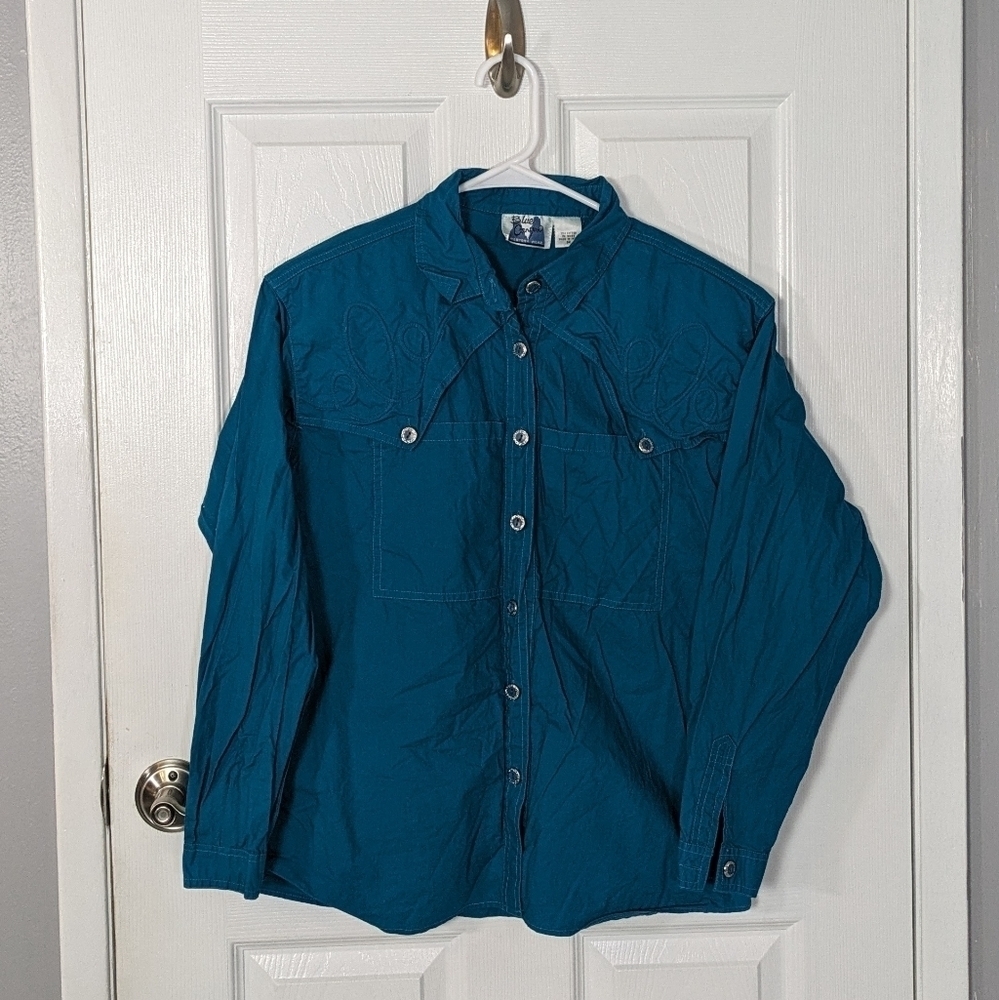 Vintage 80s Blue Canyon Western Wear Embroidered Teal Coastal Cowgirl Top Size M